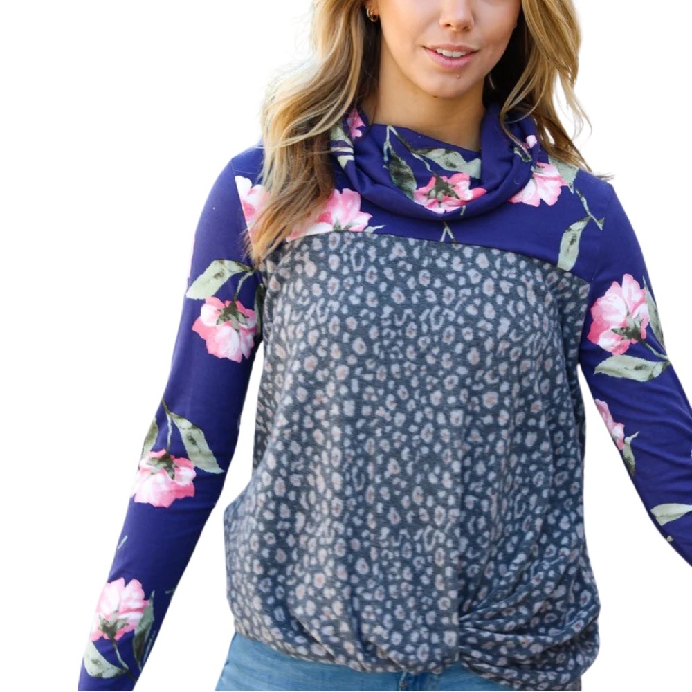 NEW BOUTIQUE FLORAL & ANIMAL PRINT TWIST HEM TOP - Picture 2 of 6